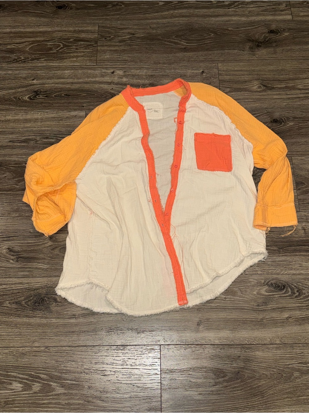 aerie White Button-Down Top with Orange Trim and Yellow Sleeves